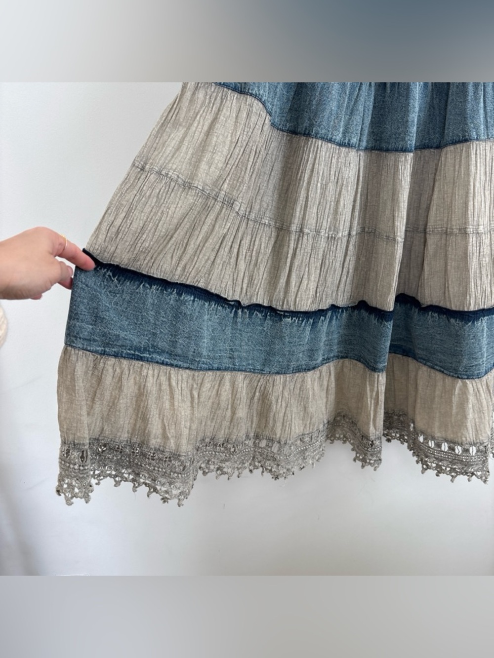 Young Threads Boho Denim Patchwork Tiered Maxi Dress NWT - Picture 7 of 10